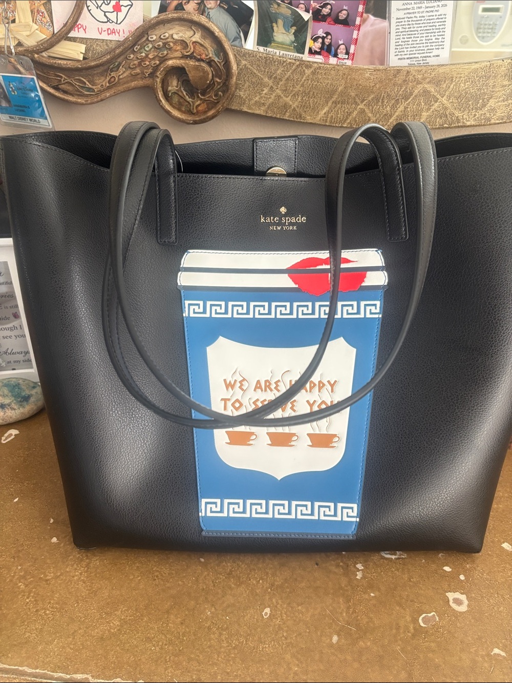 kate spade black leather tote with blue coffee cup graphic - Picture 6 of 6